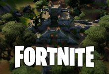 Le logo de Fortnite devant une vue aérienne du temple