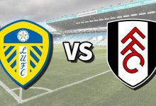 The Leeds United and Fulham club badges on top of a photo of Elland Road stadium in Leeds, England