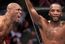 (L to R) Kamaru Usman and Leon Edwards both pose in celebration