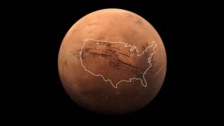 The overlay shows the scale of the United States compared to Mars.
